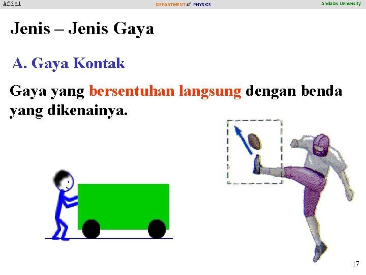 Afdal DEPARTMENT of PHYSICS Andalas University Jenis – Jenis Gaya A. Gaya Kontak Gaya