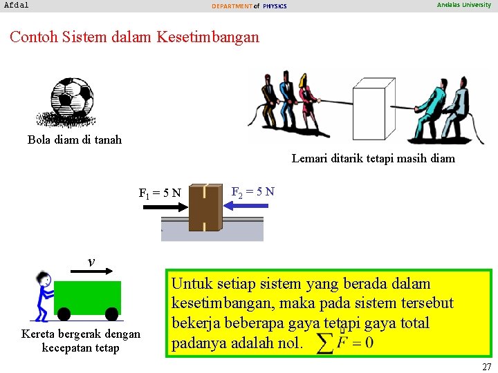 Afdal DEPARTMENT of PHYSICS Andalas University Contoh Sistem dalam Kesetimbangan Bola diam di tanah