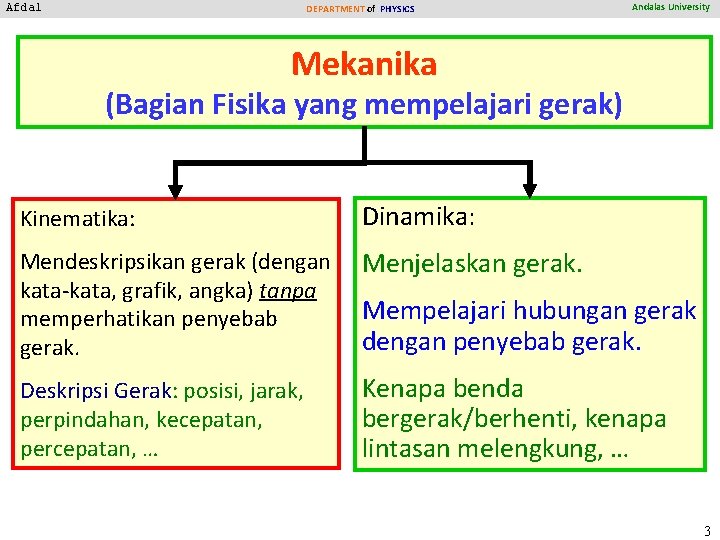 Afdal DEPARTMENT of PHYSICS Andalas University Mekanika (Bagian Fisika yang mempelajari gerak) Kinematika: Dinamika: