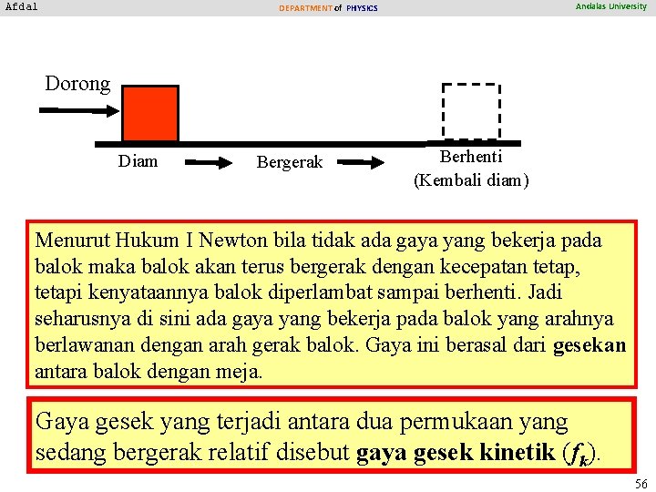 Afdal Andalas University DEPARTMENT of PHYSICS Dorong Diam Bergerak Berhenti (Kembali diam) Menurut Hukum