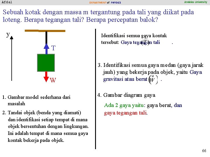 Afdal DEPARTMENT of PHYSICS Andalas University Sebuah kotak dengan massa m tergantung pada tali