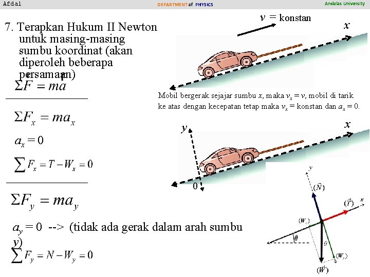 Andalas University DEPARTMENT of PHYSICS v = konstan 7. Terapkan Hukum II Newton untuk