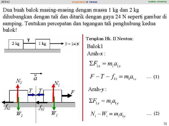 Afdal DEPARTMENT of PHYSICS Andalas University Dua buah balok masing-masing dengan massa 1 kg