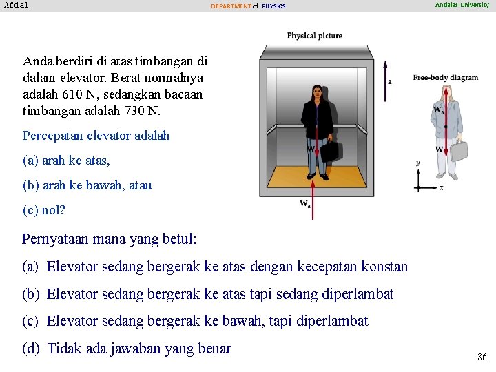 Afdal DEPARTMENT of PHYSICS Andalas University Anda berdiri di atas timbangan di dalam elevator.