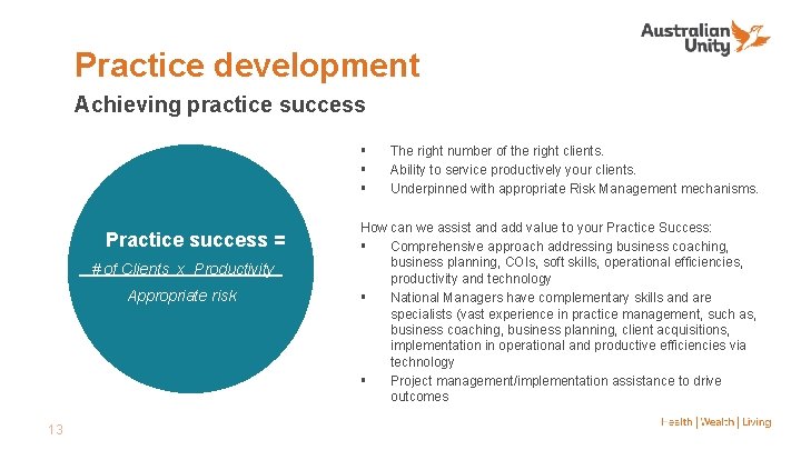 Practice development Achieving practice success § § § Practice success = # of Clients