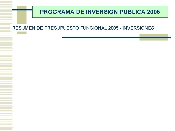 PROGRAMA DE INVERSION PUBLICA 2005 RESUMEN DE PRESUPUESTO FUNCIONAL 2005 - INVERSIONES 