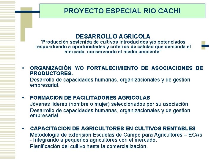 PROYECTO ESPECIAL RIO CACHI DESARROLLO AGRICOLA “Producción sostenida de cultivos introducidos y/o potenciados respondiendo