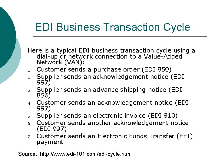 EDI Business Transaction Cycle Here is a typical EDI business transaction cycle using a