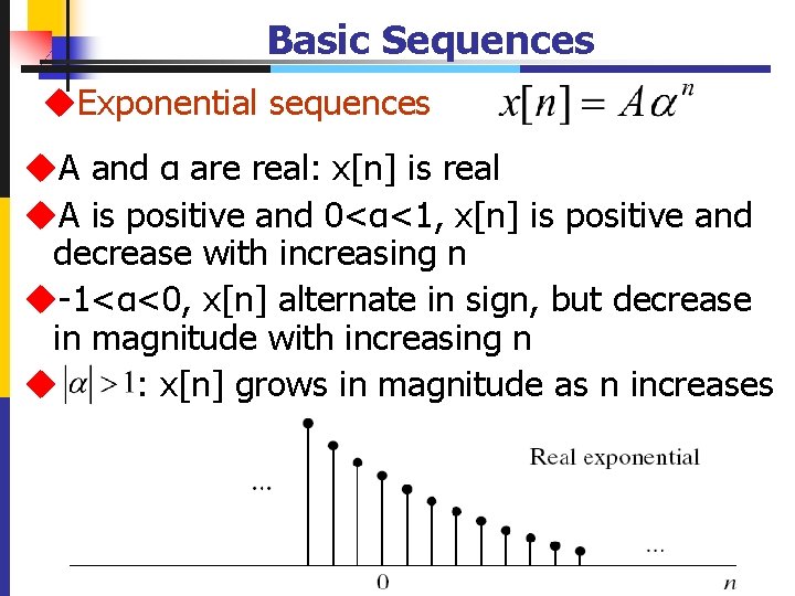 Basic Sequences u. Exponential sequences u. A and α are real: x[n] is real