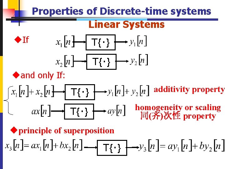 Properties of Discrete-time systems Linear Systems u. If T{‧} uand only If: additivity property
