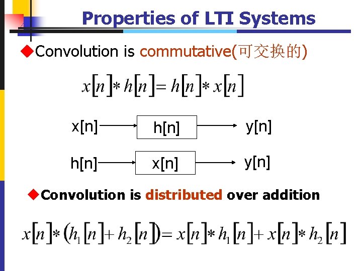 Properties of LTI Systems u. Convolution is commutative(可交换的) x[n] h[n] y[n] h[n] x[n] y[n]