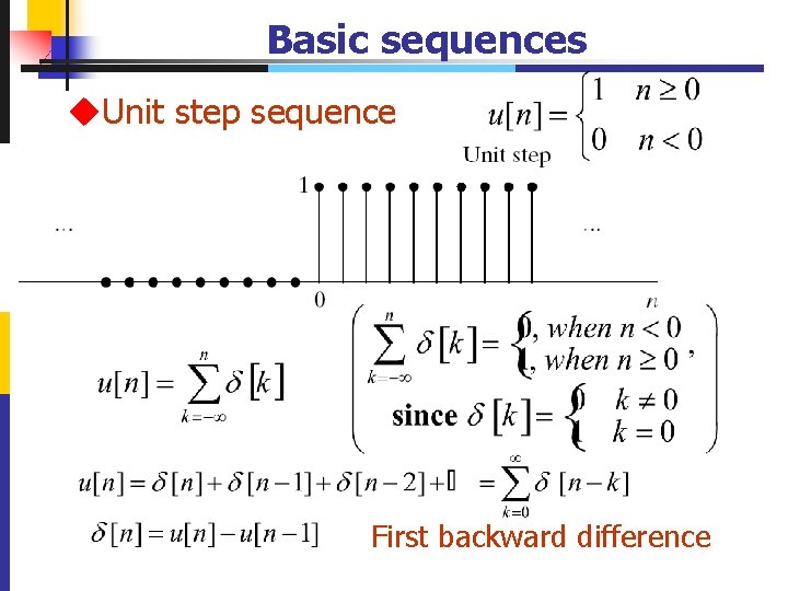 Basic sequences u. Unit step sequence First backward difference 