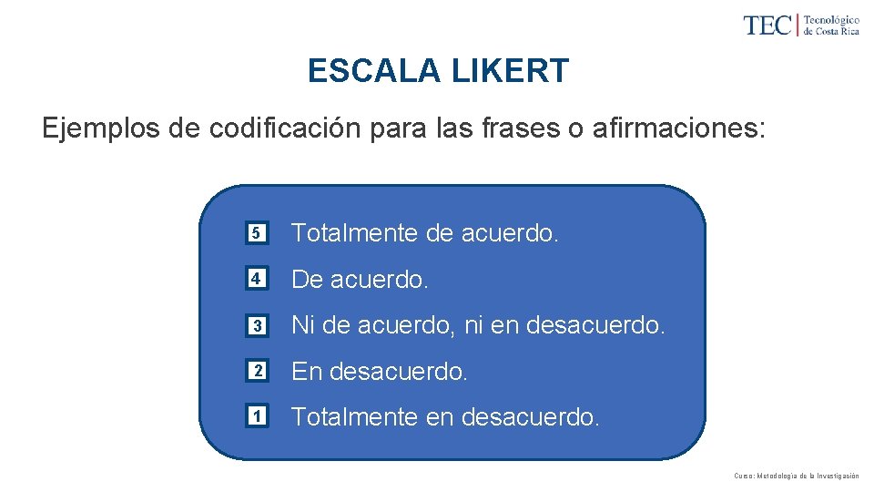 ESCALA LIKERT Ejemplos de codificación para las frases o afirmaciones: 5 Totalmente de acuerdo.