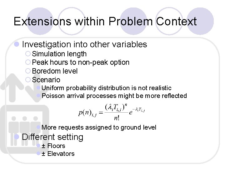 Extensions within Problem Context l Investigation into other variables ¡ Simulation length ¡ Peak