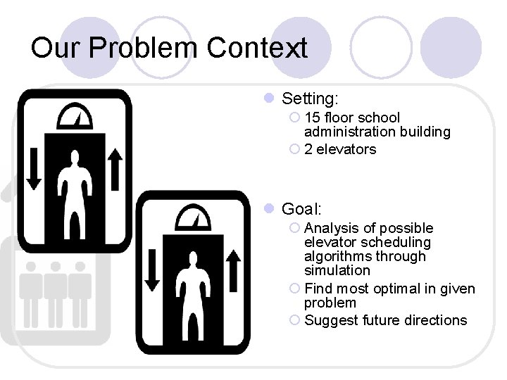 Our Problem Context l Setting: ¡ 15 floor school administration building ¡ 2 elevators