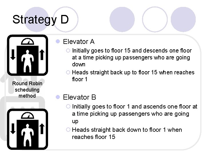 Strategy D l Elevator A Round Robin scheduling method ¡ Initially goes to floor