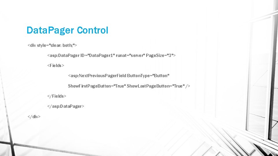 Data. Pager Control <div style="clear: both; "> <asp: Data. Pager ID="Data. Pager 1" runat="server" Data. Pager Control <div style="clear: both; "> <asp: Data. Pager ID="Data. Pager 1" runat="server"