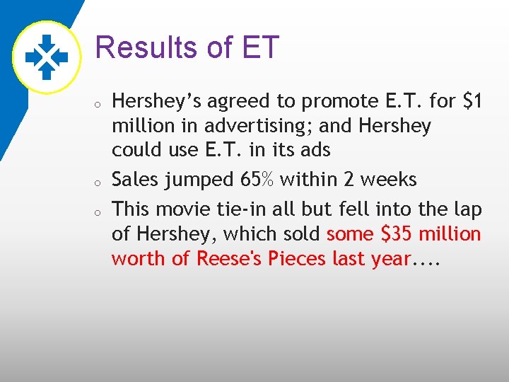 Results of ET o o o Hershey’s agreed to promote E. T. for $1