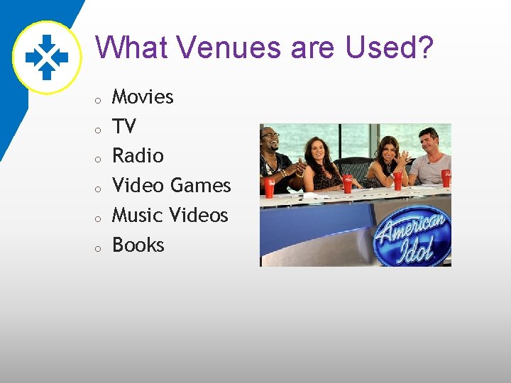 What Venues are Used? o o o Movies TV Radio Video Games Music Videos