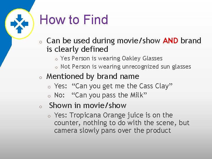 How to Find o Can be used during movie/show AND brand is clearly defined
