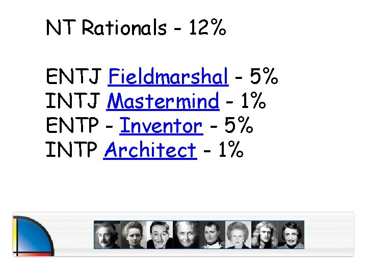 NT Rationals - 12% ENTJ Fieldmarshal - 5% INTJ Mastermind - 1% ENTP -