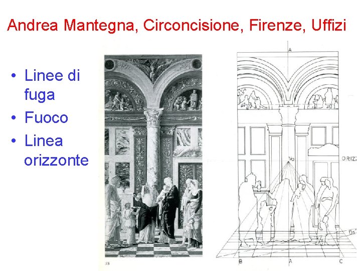 Andrea Mantegna, Circoncisione, Firenze, Uffizi • Linee di fuga • Fuoco • Linea orizzonte