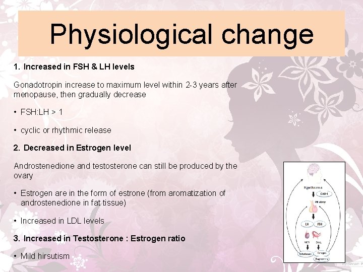 Physiological change 1. Increased in FSH & LH levels Gonadotropin increase to maximum level