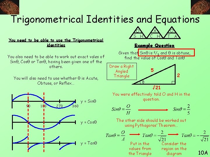 Trigonometrical Identities and Equations O You need to be able to use the Trigonometrical