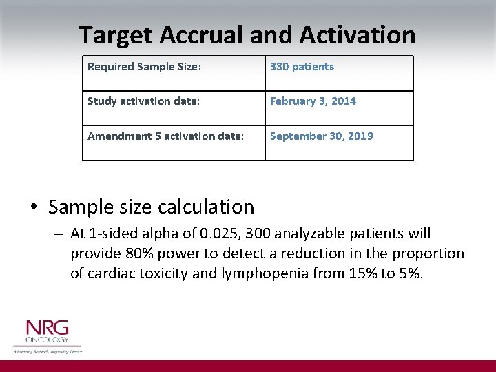 Target Accrual and Activation Required Sample Size: 330 patients Study activation date: February 3,
