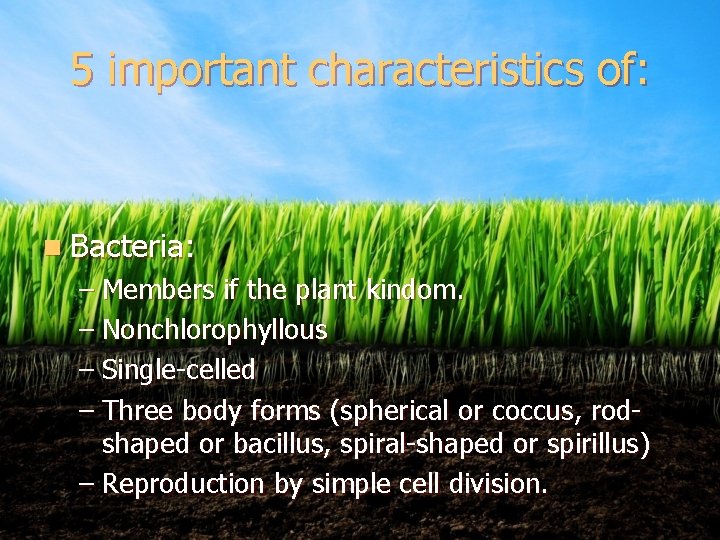 5 important characteristics of: n Bacteria: – Members if the plant kindom. – Nonchlorophyllous