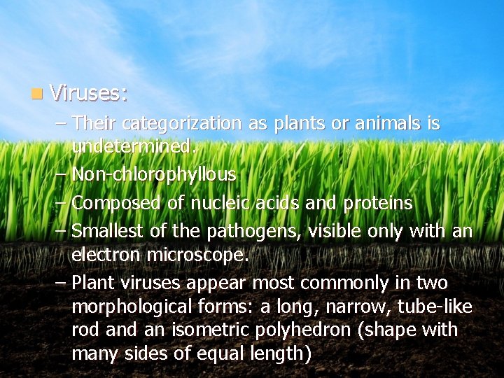 n Viruses: – Their categorization as plants or animals is undetermined. – Non-chlorophyllous –