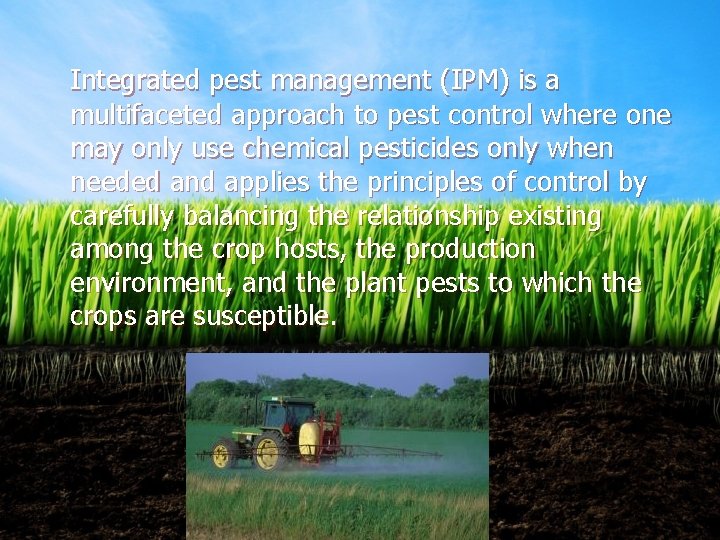 Integrated pest management (IPM) is a multifaceted approach to pest control where one may