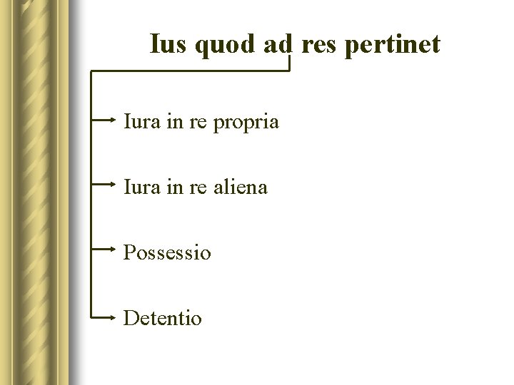 Ius quod ad res pertinet Iura in re propria Iura in re aliena Possessio