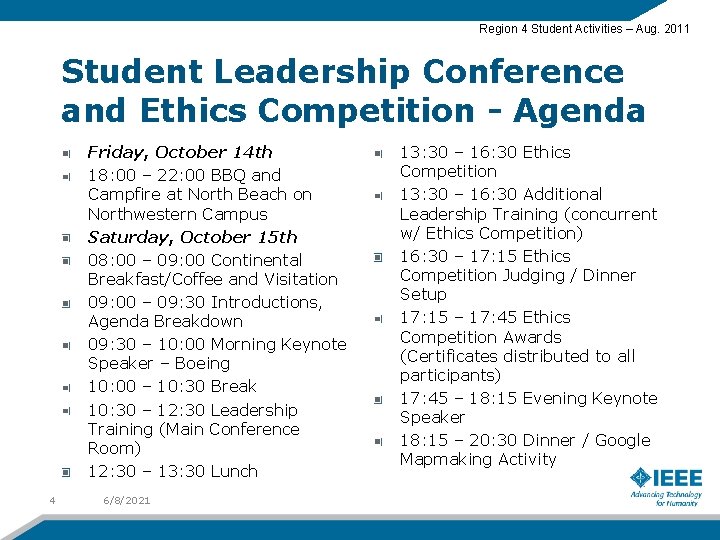 Region 4 Student Activities – Aug. 2011 Student Leadership Conference and Ethics Competition -