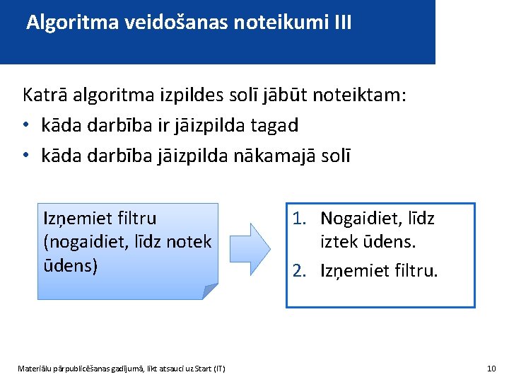 Algoritma veidošanas noteikumi III Katrā algoritma izpildes solī jābūt noteiktam: • kāda darbība ir