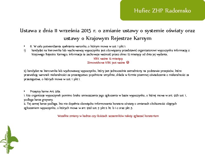 Hufiec ZHP Radomsko Ustawa z dnia 11 września 2015 r. o zmianie ustawy o