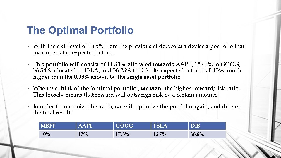 The Optimal Portfolio • With the risk level of 1. 65% from the previous