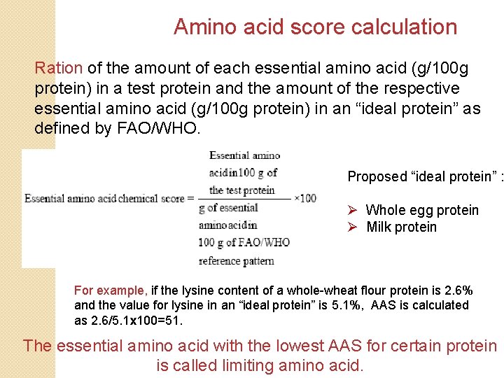 Amino acid score calculation Ration of the amount of each essential amino acid (g/100