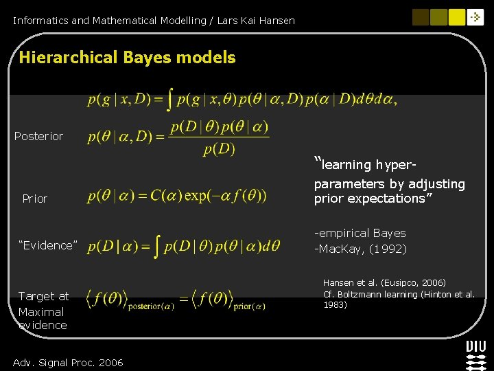 Informatics and Mathematical Modelling / Lars Kai Hansen Hierarchical Bayes models Posterior “learning hyper.