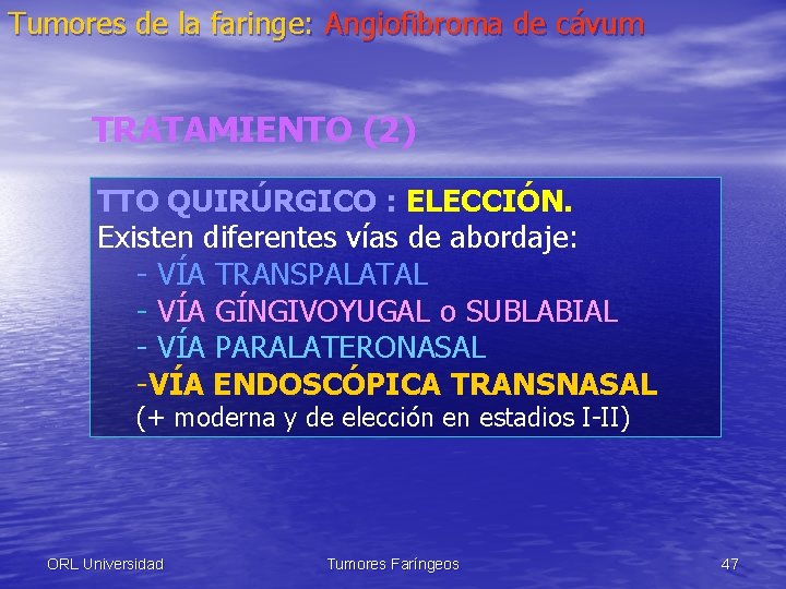 Tumores de la faringe: Angiofibroma de cávum TRATAMIENTO (2) TTO QUIRÚRGICO : ELECCIÓN. Existen