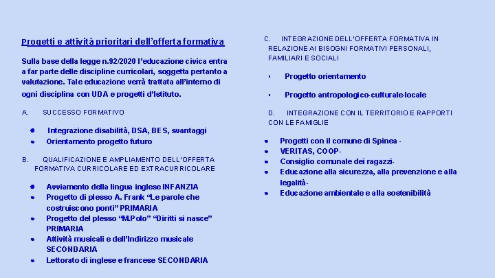 Progetti e attività prioritari dell’offerta formativa Sulla base della legge n. 92/2020 l’educazione civica