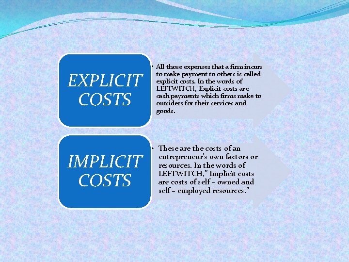 EXPLICIT COSTS • All those expenses that a firm incurs to make payment to