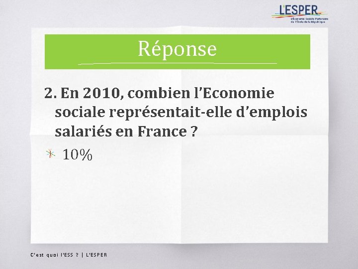 Réponse 2. En 2010, combien l’Economie sociale représentait-elle d’emplois salariés en France ? 10%