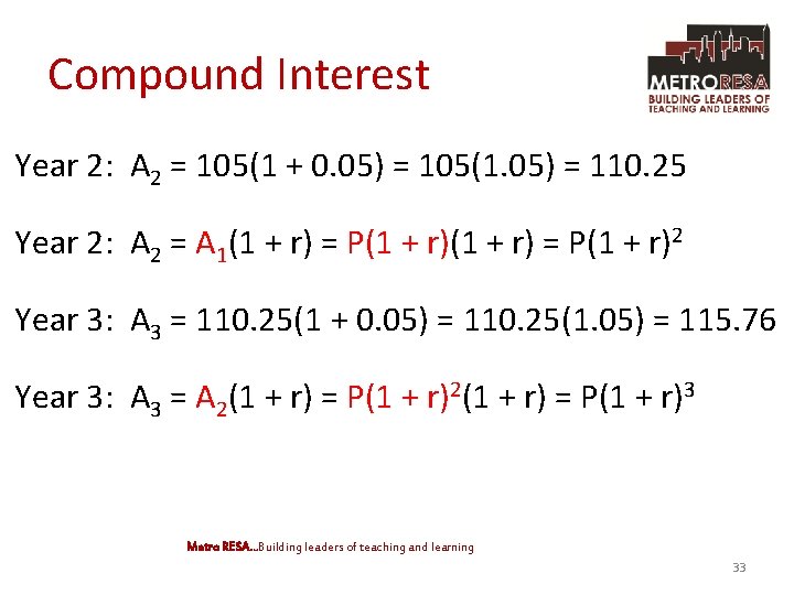 Compound Interest Year 2: A 2 = 105(1 + 0. 05) = 105(1. 05)