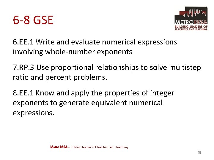 6 -8 GSE 6. EE. 1 Write and evaluate numerical expressions involving whole-number exponents