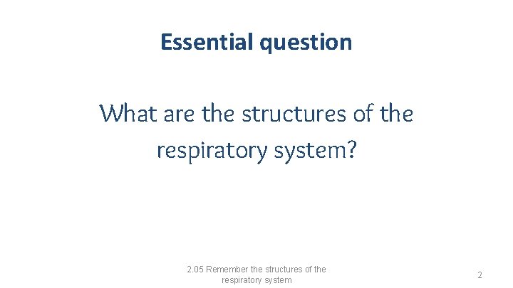 Essential question What are the structures of the respiratory system? 2. 05 Remember the