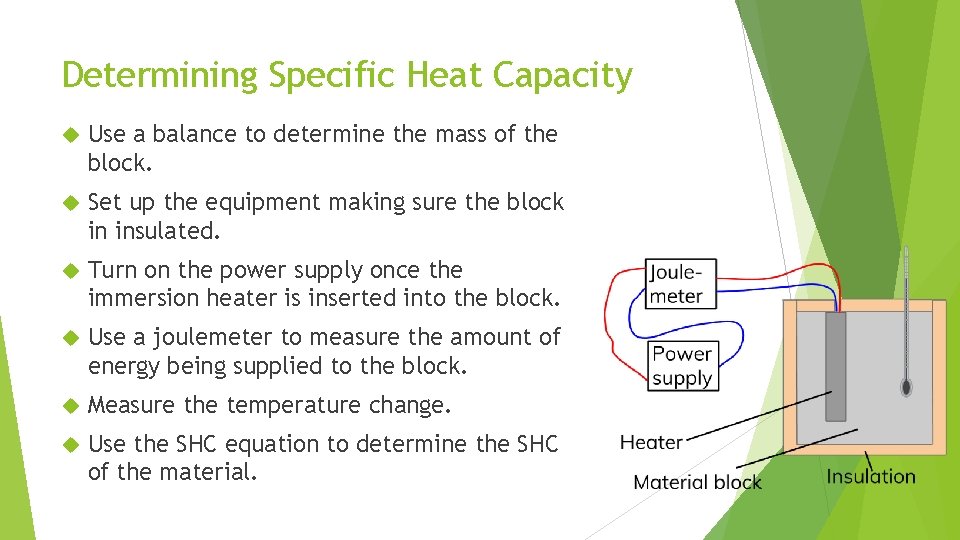 Determining Specific Heat Capacity Use a balance to determine the mass of the block.