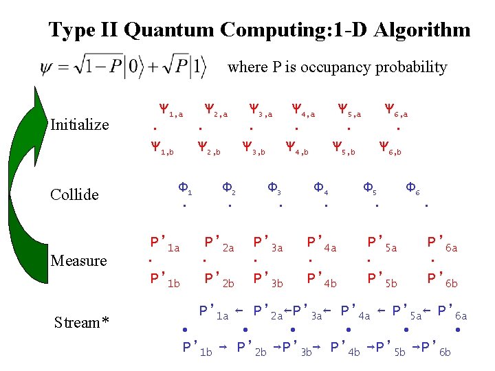 Type II Quantum Computing: 1 -D Algorithm where P is occupancy probability Initialize Collide