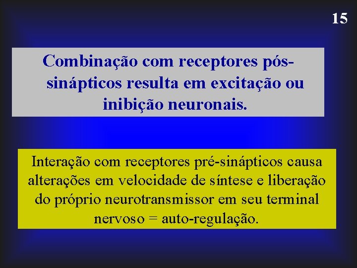 15 Combinação com receptores póssinápticos resulta em excitação ou inibição neuronais. Interação com receptores