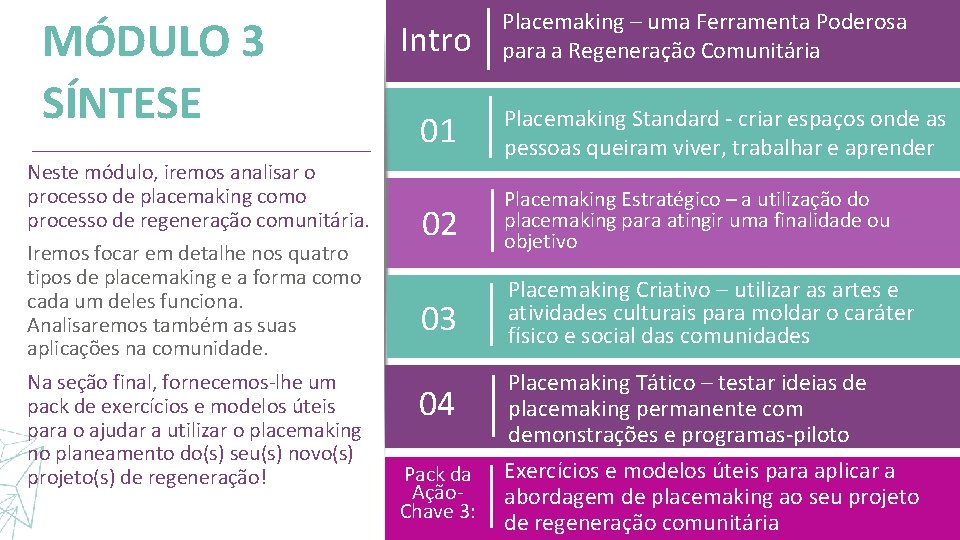 MÓDULO 3 SÍNTESE Neste módulo, iremos analisar o processo de placemaking como processo de